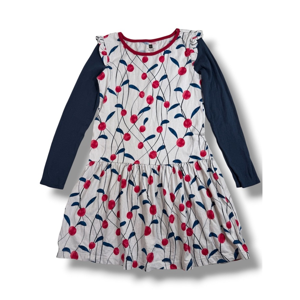 Tea Collection Girls 7 Long Sleeve Berry Print Dress Cream Navy Red Floral